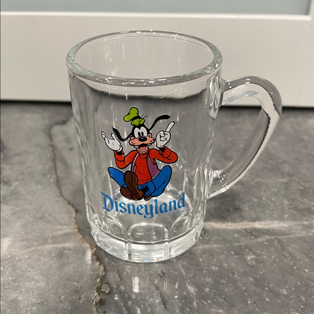 Disneyland Goofy Glass Miniature Mug with Blue and Red Accents. 2 3/4” x 1 7/8”